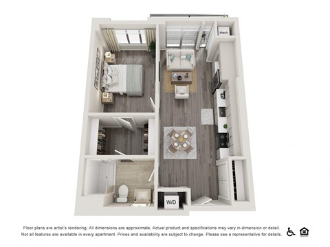 Floor plan for 1 bed, 1 bath, 674 sqft